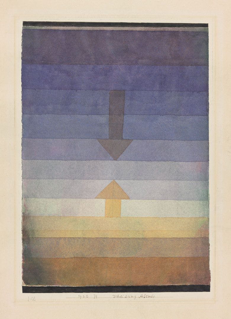 A mixed media work on cardboard by Paul Klee, titled Scheidung Abends, 1922, 79 Separation in the Evening, 1922, 79, dated 1922.